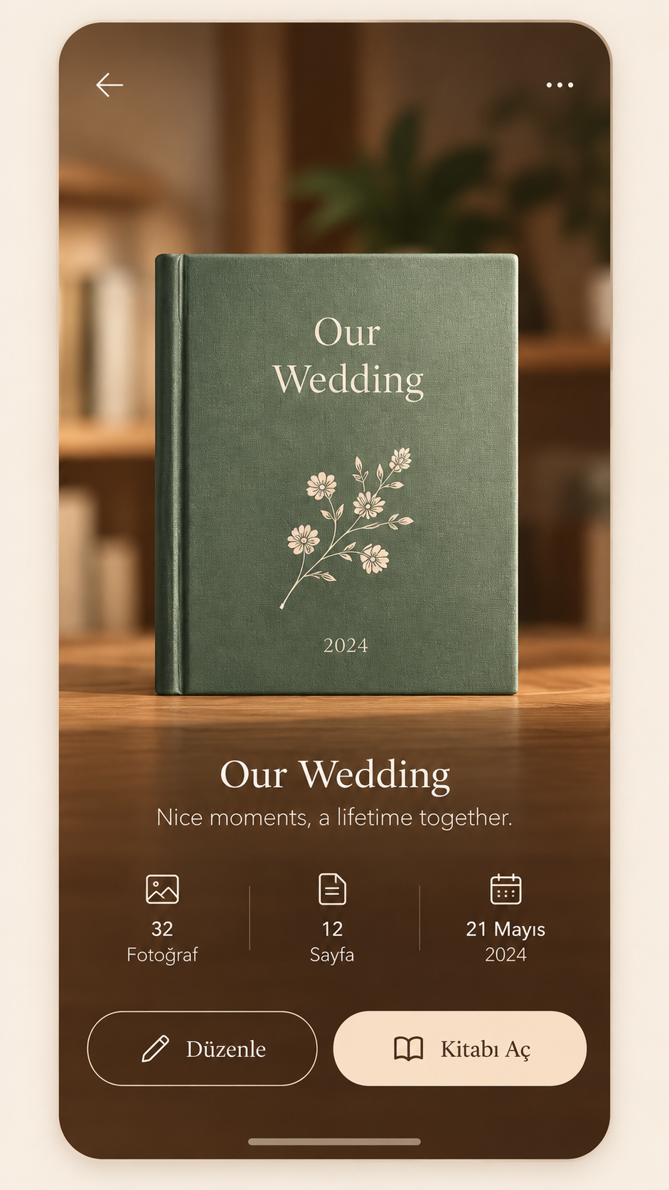Our Wedding başlıklı yeşil kapaklı anı kitabının detay tasarımı